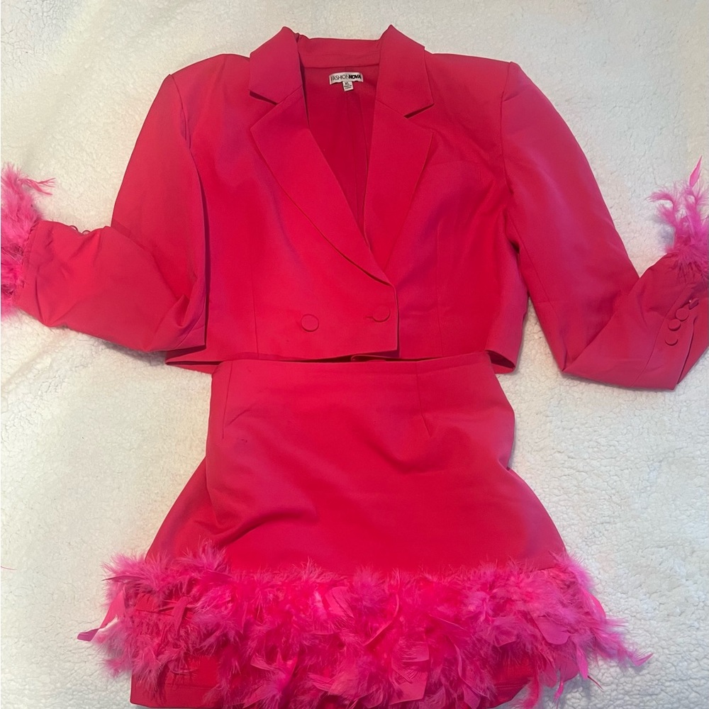 Fashion Nova Hot Pink feather cropped blazer and skirt set